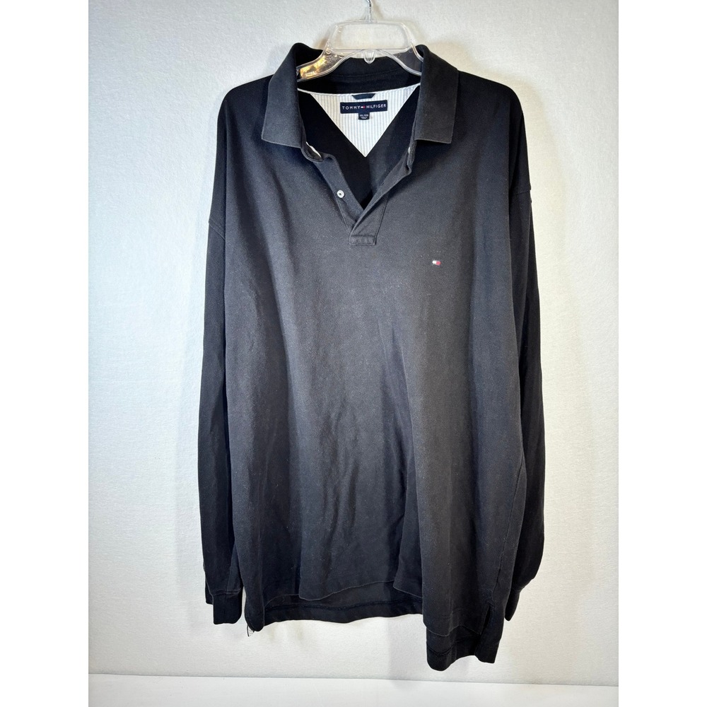 Tommy Hilfiger Mens Long Sleeve Polo Shirt Black Pique Cotton Flag Logo XXL